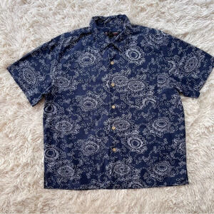 Vintage Polo Jeans Company Shirt Navy Blue Floral Short Sleeve calico size M